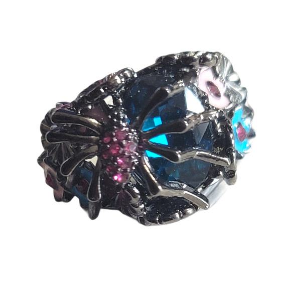 Gunmetal Gray Enamel Spider Multi Color Flowers Crystal Ring Size 10 - Picture 1 of 5